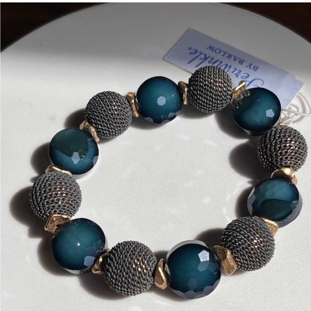 Perrywinkle Blue & Gold Beaded Stretch Bracelet 6 1/4”